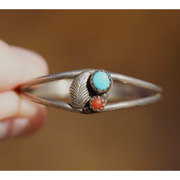 Old Pawn Native American Sterling Silver Turquoise Coral Child's Cuff Bracelet - Picture 5 of 5